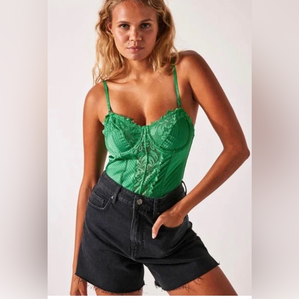NWT Free People Intimately Good Luck Charm Bodysuit Putt Putt Green size S